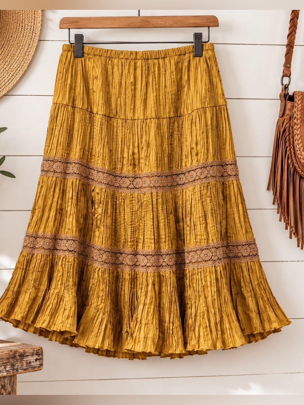 Boho Tiered Midi Skirt Medium Mustard Gold Lace Crinkle Prairie Y2K